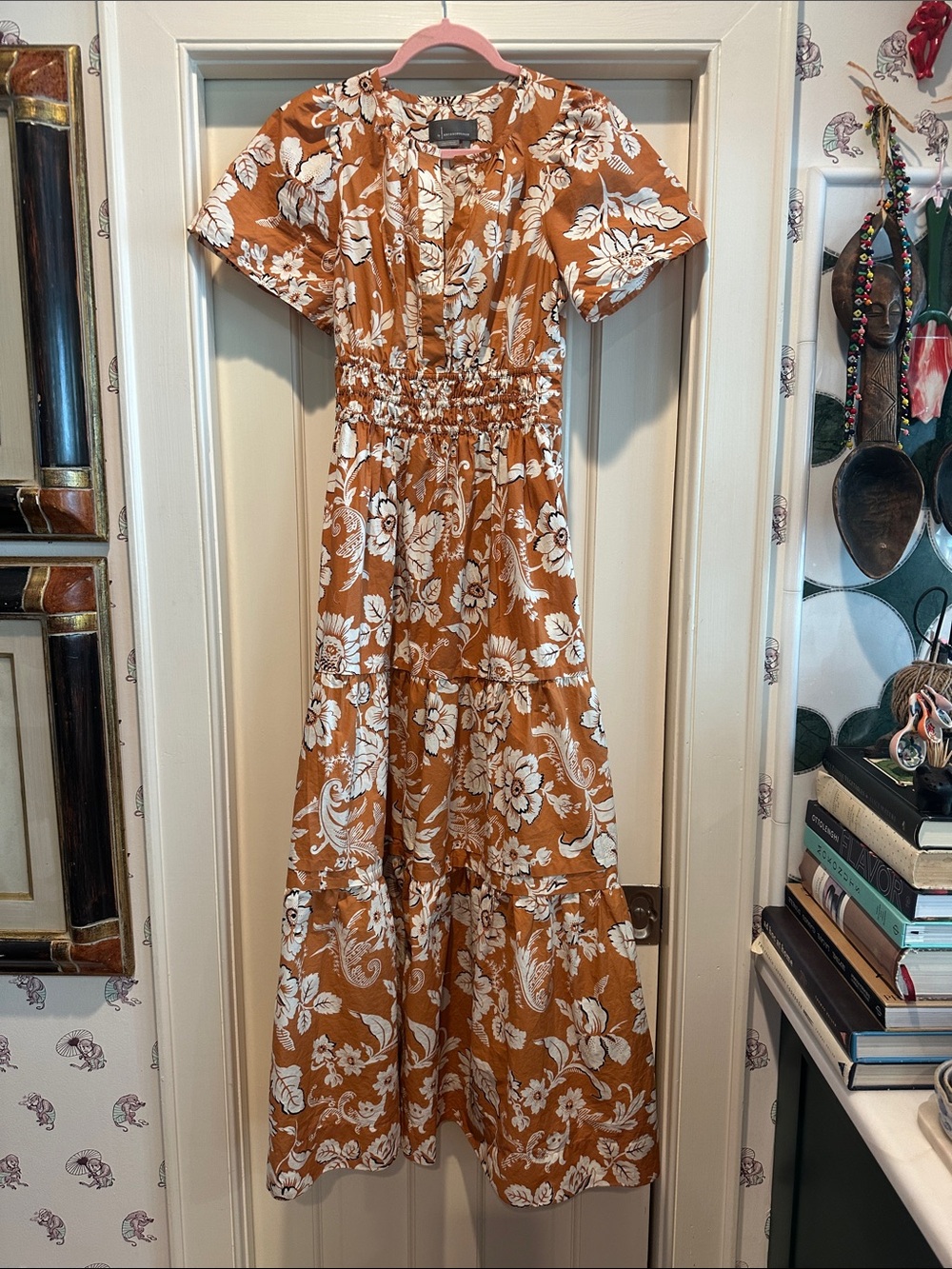 Anthropologie Somerset Floral Tiered Maxi Dress in Rust with White Print